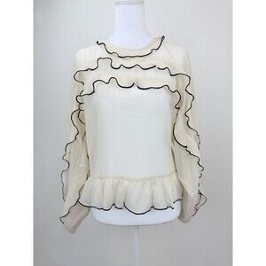H&M Divided Womens Blouse Cream Ruffle Sheer Long Sleeve Peplum No Size Tag